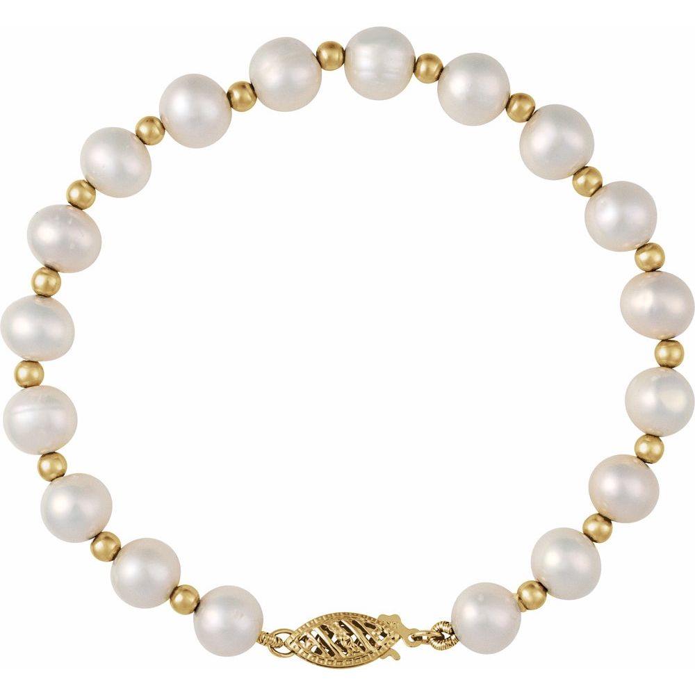 Cultured White Freshwater Pearl 7 1/4" Bracelet - 14K Yellow Gold